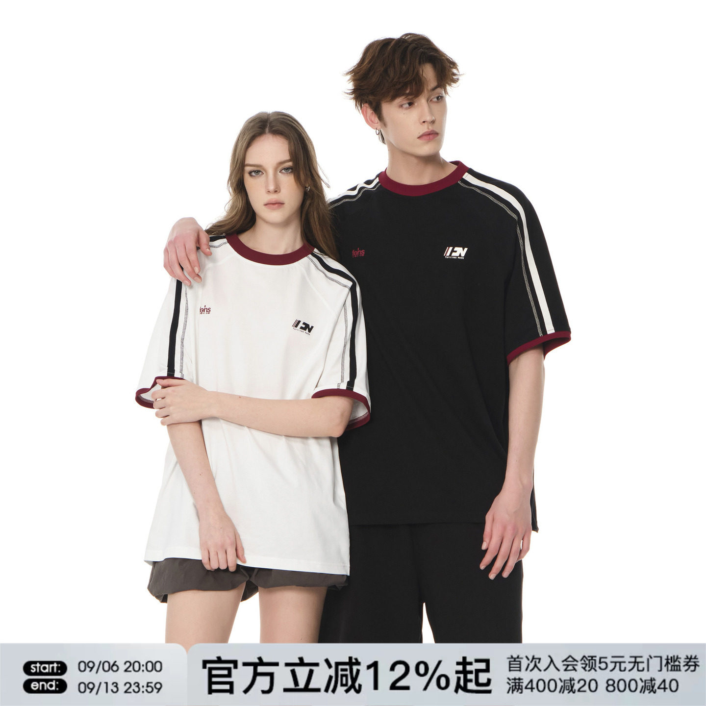 FORNINES拼接撞色运动短袖T恤男女情侣装上衣夏季宽松纯棉半截袖