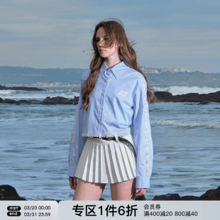 女春夏通勤蕾丝拼接上衣 衬衫 FORNINES设计感蓝色条纹短款 长袖