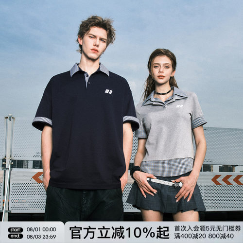 FORNINES假两件翻领短袖T恤男女情侣夏季潮牌凉感落肩半袖POLO衫