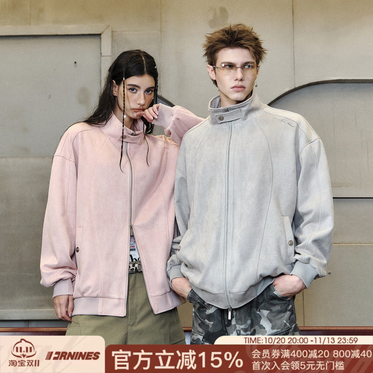 FORNINES复古麂皮绒刺绣立领夹克男款潮牌情侣春秋休闲外套女上衣