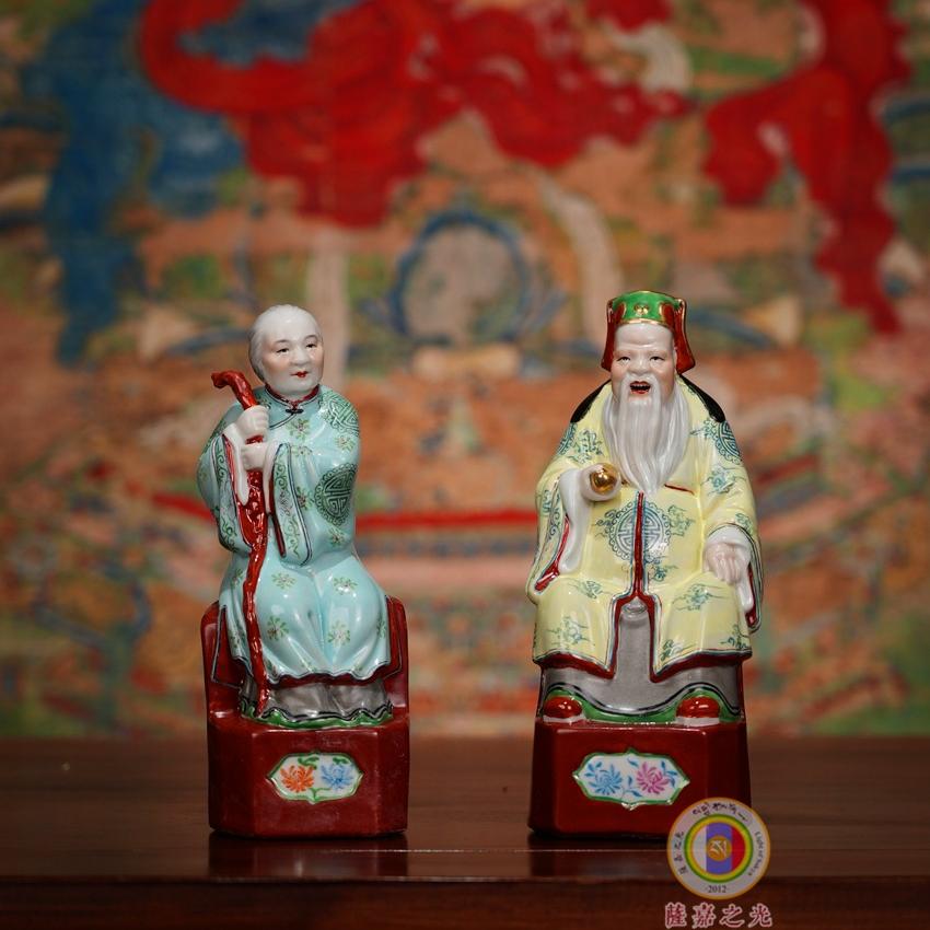 景德镇拙火窑粉彩土地公土地婆雕塑瓷塑摆件家居瓷土地公福德正神