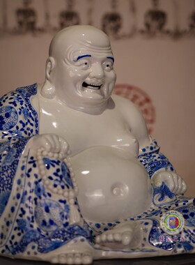 青花手绘弥勒佛弥勒菩萨瓷塑摆件