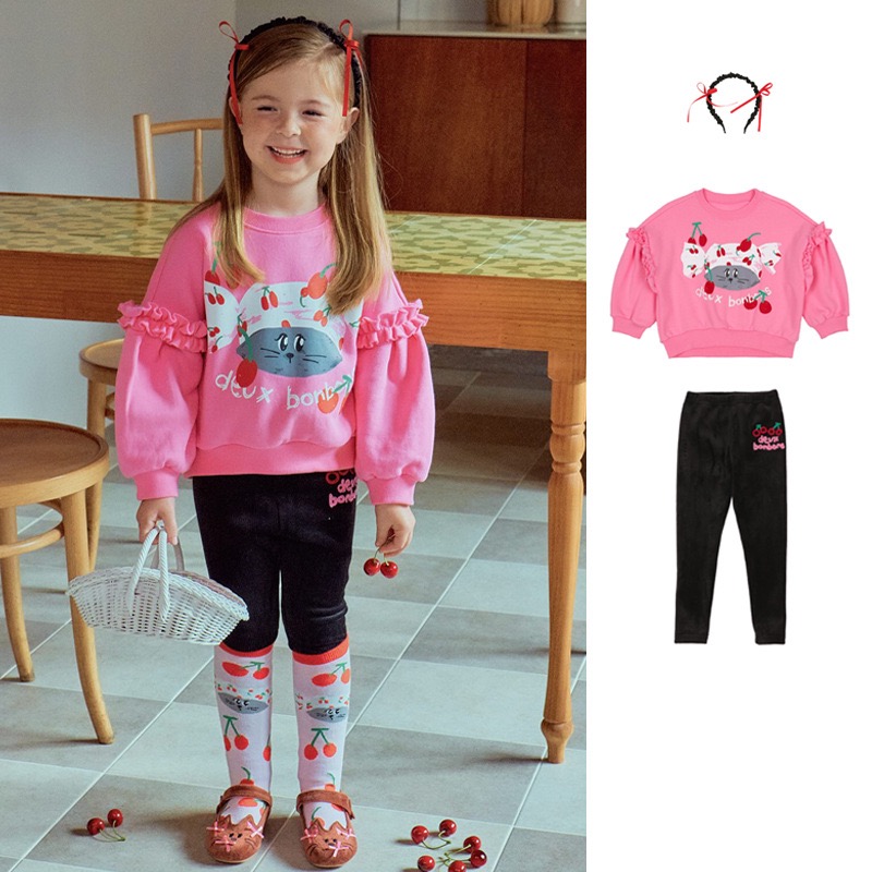 现货！ins儿童套装女童宝宝春秋款樱桃猫咪印花卫衣打底裤两件套