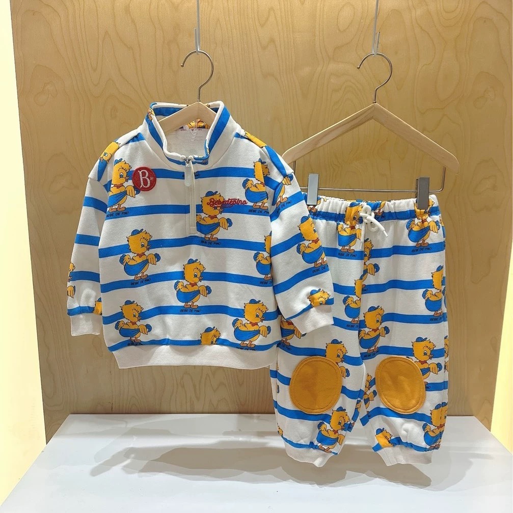 现货！宝宝男女童蓝色条纹鸭子拉链幼儿园立领卫衣裤子运动套装