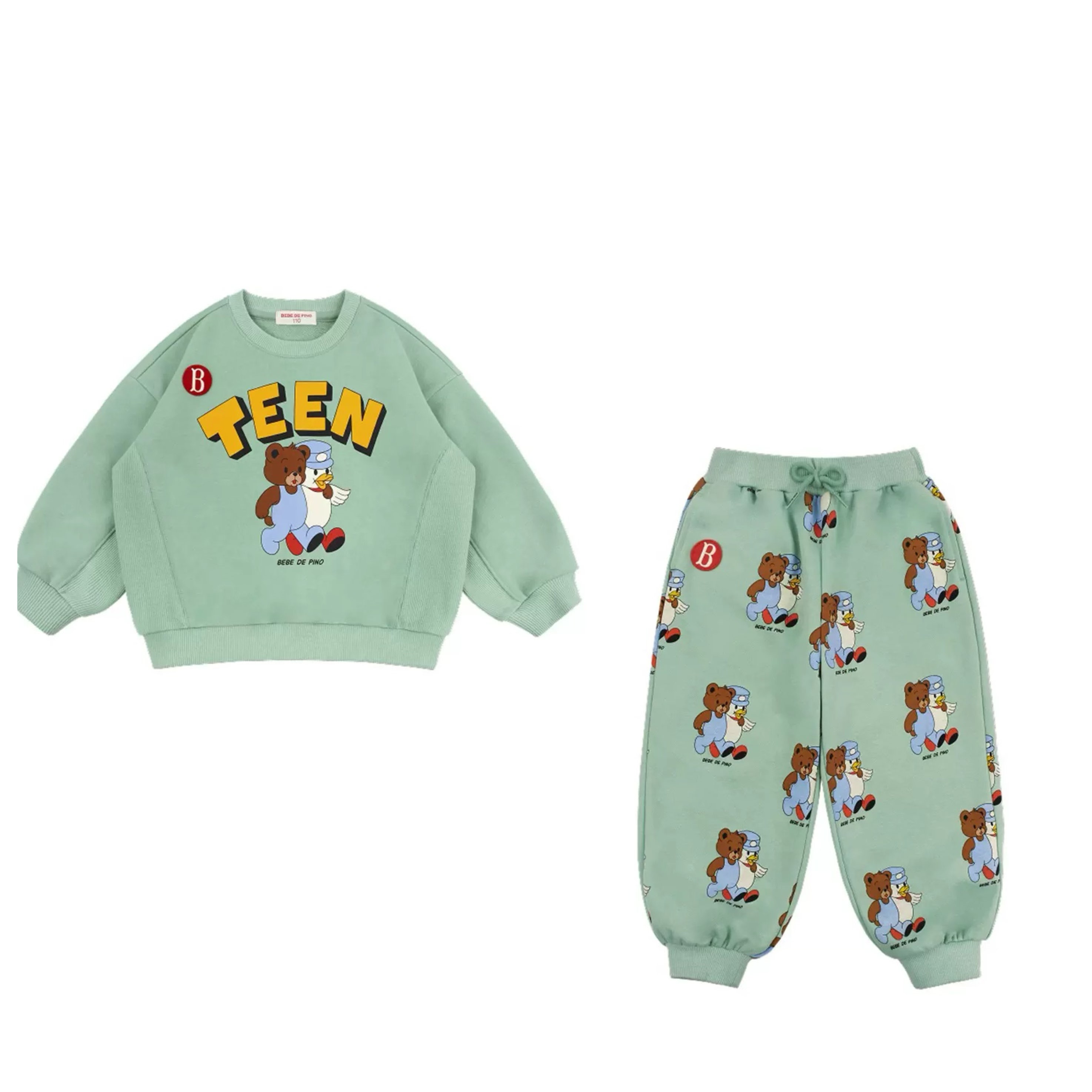 现货！儿童卫衣男女童宝宝绿色春秋款卡通印花卫衣卫裤运动套装