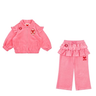 现货！天鹅绒！ins婴儿宝宝女童粉色蝴蝶结丝绒外套卫裤花边套装