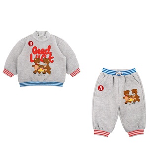 加绒！现货！婴儿宝宝男女童灰色两只小熊卫衣卫裤半高领运动套装