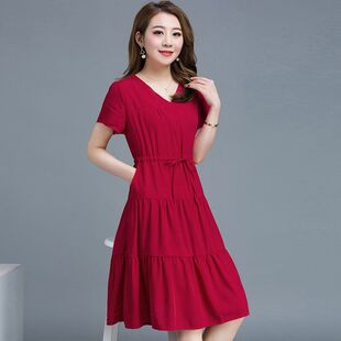 矮个子棉绸短袖V领连衣裙2026夏季新款大码休闲胖MM纯色蛋糕裙子