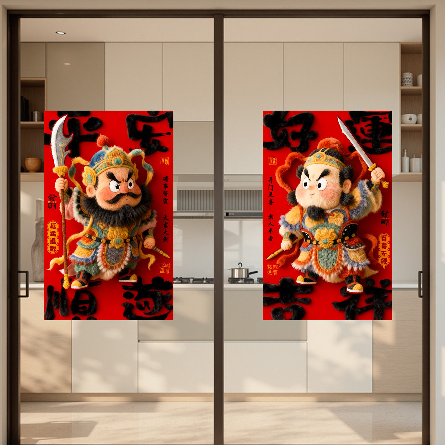 2026马年毛绒门神创意静电贴新年春节装饰中式窗花过新年贴纸布置