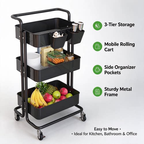 3-Tier Rolling Utility Cart Metal Storage Organizer Lockable