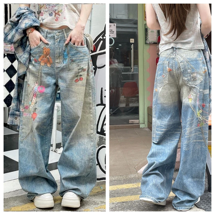 设计感潮牌高街小熊印花牛仔裤女美式复古高腰宽松拖地阔腿长裤夏