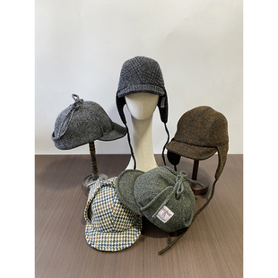 外贸精品HarrisTweed格纹雷锋帽秋冬羊毛保暖护耳防风飞行员帽女