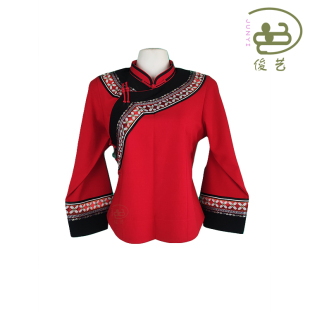 2022春季新品女装上衣布依族民族日常红色服装壮族素净民族风服