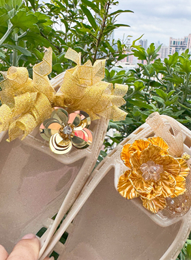 原创手作金色丝带少女水晶鞋鞋花串珠珍珠亮片ins洞洞鞋鞋扣套装