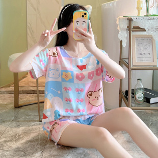 印花网红套装 薄款 夏天可外穿人造棉绵绸家居服 短袖 棉绸睡衣女夏季