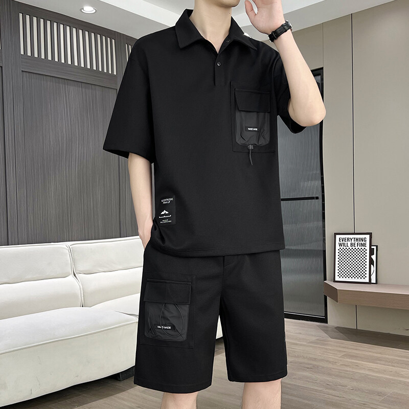 港风冰丝薄款套装男新款阔版夏季宽松短袖衬衫休闲青年潮流