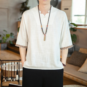 春夏新款风竹节棉麻亚麻云纹七分袖透气深V领盘扣T恤T732图片