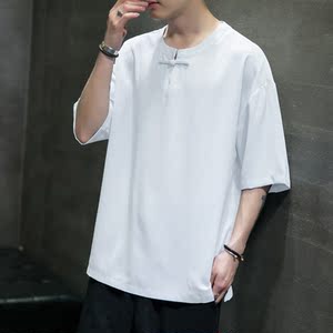 25夏季简约冰丝短袖垂感纯色风盘扣圆领宽松T恤五分袖TX66P45图片