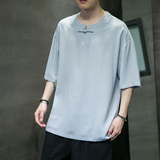 夏季纯色百搭简单冰丝短袖垂感风圆领宽松T恤五分袖TX66P45，男装T恤，电商A021A