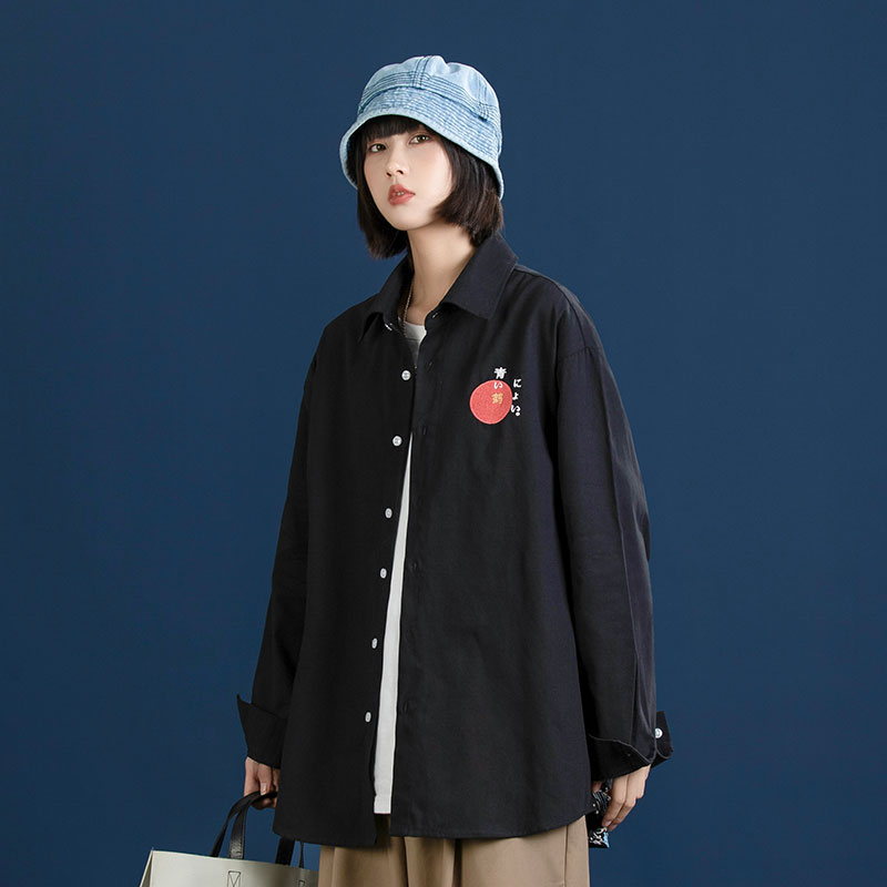 2021春季新款中性风情侣海浪衬衫仙鹤刺绣海长袖上衣CS63，男装衬衫，电商A021A