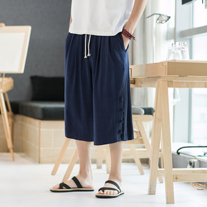 夏季风大码现货亚麻开叉排扣休闲七分裤宽松直筒裤男DK66P55图片