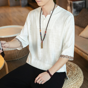 春夏新款风大码竹节棉麻亚麻云纹七分袖深V领盘扣T恤T732图片