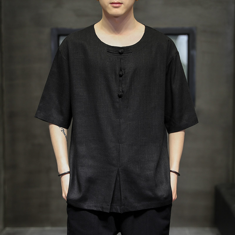夏季新款纯色原创设计风大码透气短袖亚麻吸汗五分袖T，男装T恤，电商A021A