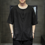 夏季新款纯色原创设计风大码透气短袖亚麻吸汗五分袖T，男装T恤，电商A021A