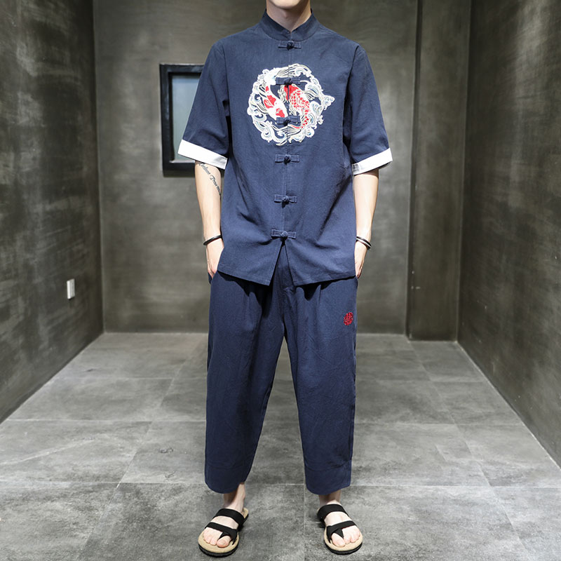 夏季新衬衫T恤套装风青年大码锦鲤刺绣棉麻盘扣休闲TZ82,男装休闲套装,电商A021A