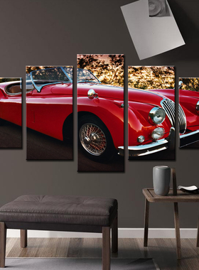 现代创意长头红色敞篷轿车装饰挂画搭配卧室客厅玄关豪车组合套画