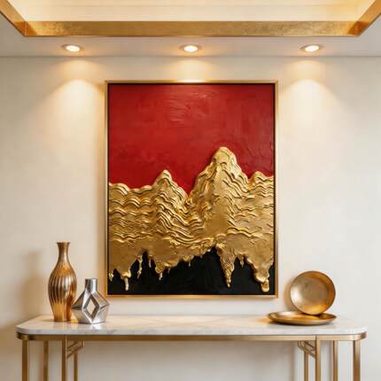 原创手绘油画立体抽象有框金箔装饰画玄关挂画红火金山艺术客厅画