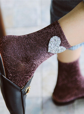 niss26 东大门同款街拍流行亮片爱心桃心满钻银葱亮丝堆堆袜子女