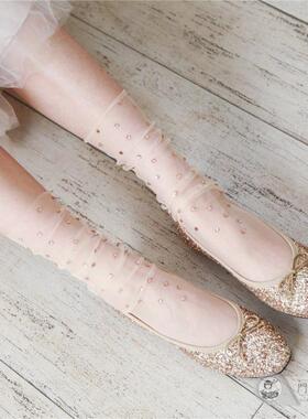 niss26 春夏仙气日系透明薄纱蕾丝点钻闪钻彩色烫钻尚堆堆袜子女