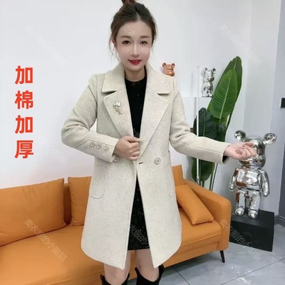 加棉加厚双面绒毛呢外套女中长款大翻领气质显瘦大衣妈妈装呢子女