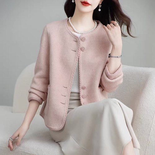 新款双面绒短款大衣女显瘦圆领