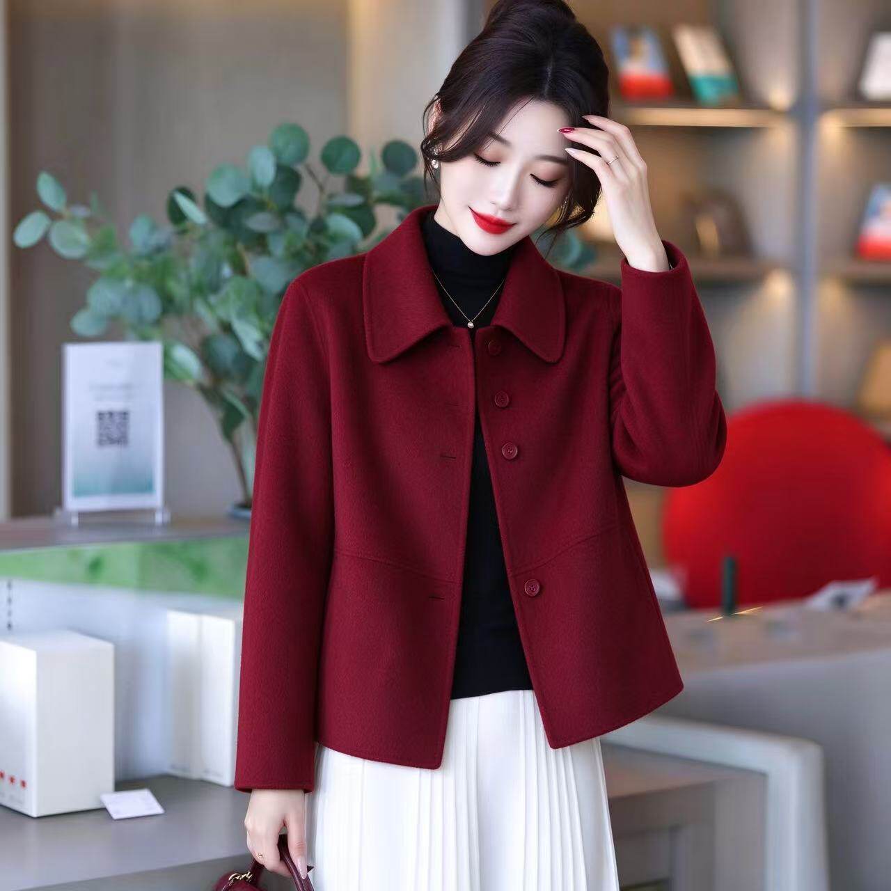 时尚高级感双面羊毛大衣女短款小个子妈妈装宽松显瘦韩版着肚子秋