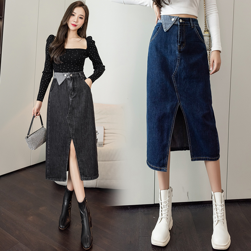 撞色包臀牛仔裙女2025夏季新款韩版百搭双扣高腰小个子开叉中长裙