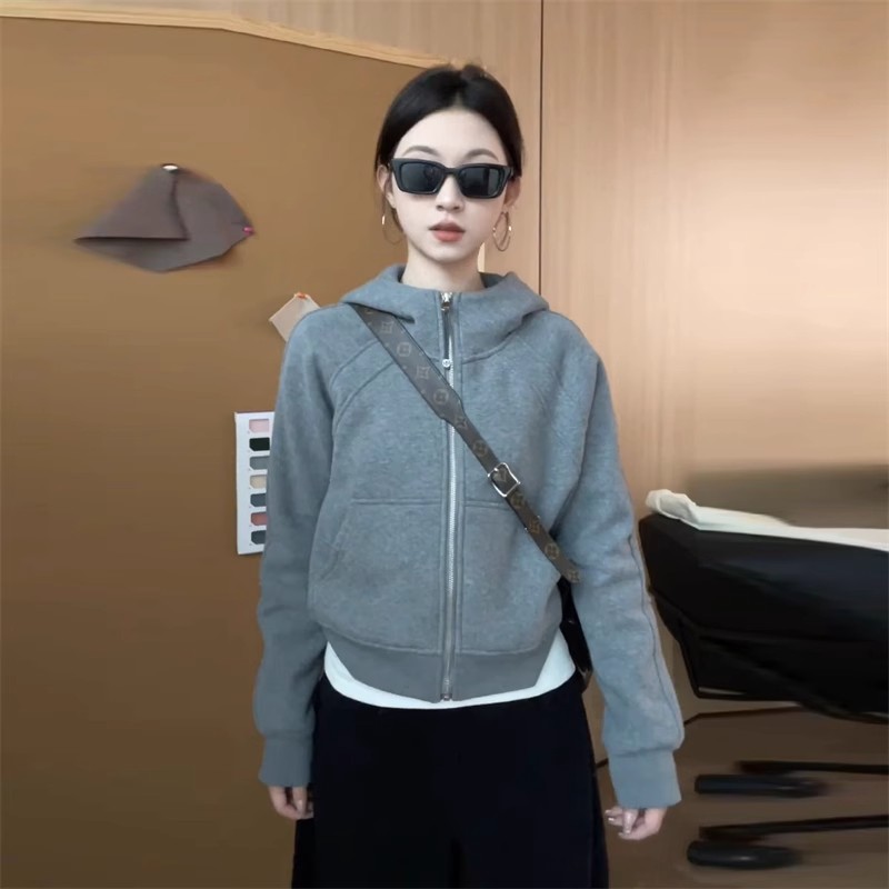春季新款港风小个子连帽卫衣开衫外套女韩版休闲灰色长袖上衣女款