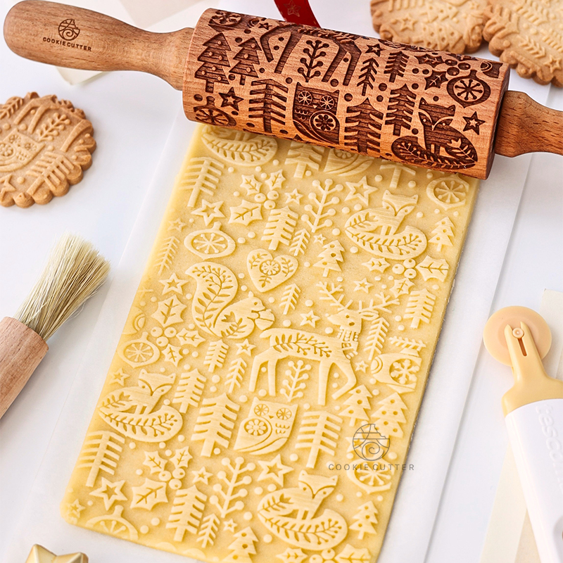 北欧风圣诞节森林小动物擀面杖卡通麋鹿松鼠立体浮雕饼干模狐狸模