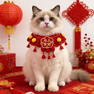 猫咪装扮马年猫猫围脖红色猫咪颈饰针织猫咪兜兜新年猫脖子装饰品
