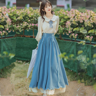 少女百搭蕾丝上衣配复古宫廷学院风半身裙两件套裙 法式 春秋季 新款