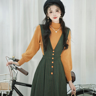 收腰显瘦法式 苏浅慕颜秋冬复古毛衣学院背带连衣裙套装 少女两件套