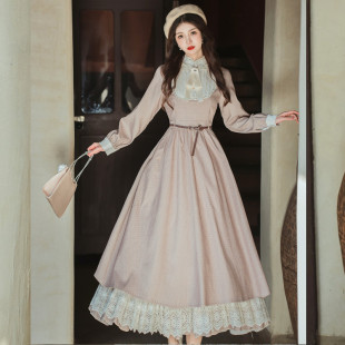 连衣裙 中长款 苏浅慕颜欧式 宫廷少女秋冬复古蕾丝拼接收腰古董洋装