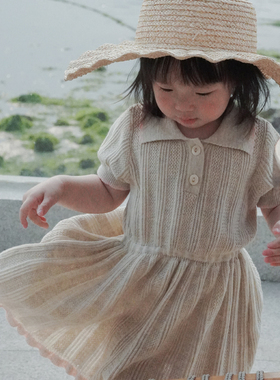 ZOYEMO女童夏季镂空polo领绞花粉杏色棉线针织学院连衣裙