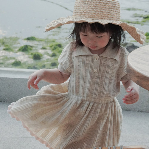 ZOYEMO女童夏季镂空polo领绞花粉杏色棉线针织学院连衣裙