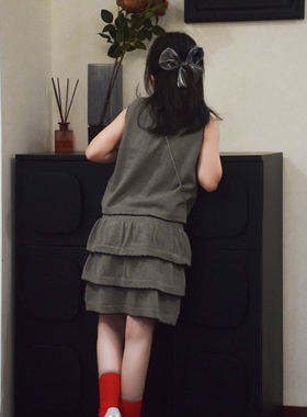 ZOYEMO女童气质miu系灰色花边针织开衫马甲蛋糕裙三件套