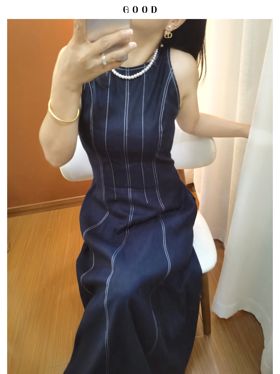 轻奢芝术挂脖吊带连衣裙 55亚麻仿牛仔 收腰显瘦显高剪裁大方长裙