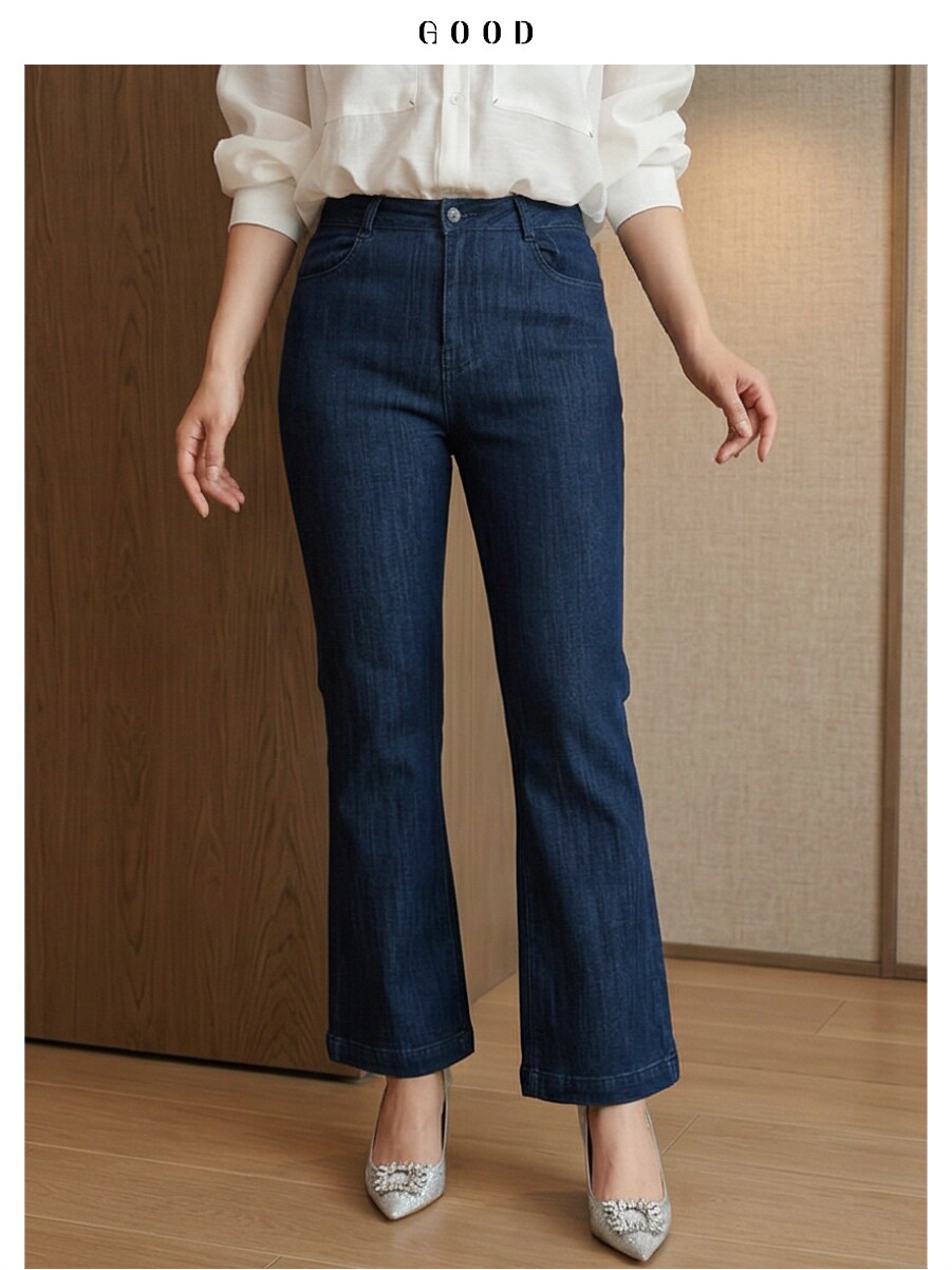 高档小个子九分微喇牛仔裤 品质款高腰弹力深蓝色显瘦直筒女裤子