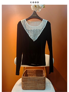 进口植绒拼接勾花微透上衣 新款气质正肩弹力显瘦圆领女长袖T恤