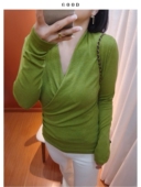 软糯亲肤 深V交叉领t恤女 进口面料早春腰侧褶皱斜裁洋气内搭上衣